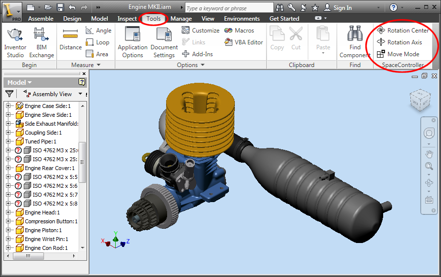 SpaceController Menu in
        Inventor